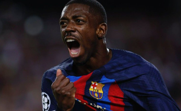 Barcelona’s Ousmane Dembele celebrates the opening goal
